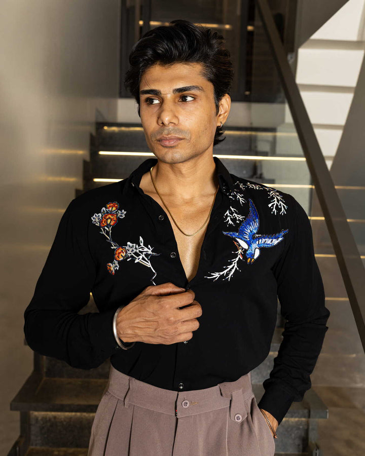 Black Color Bird Embellished Shirt
