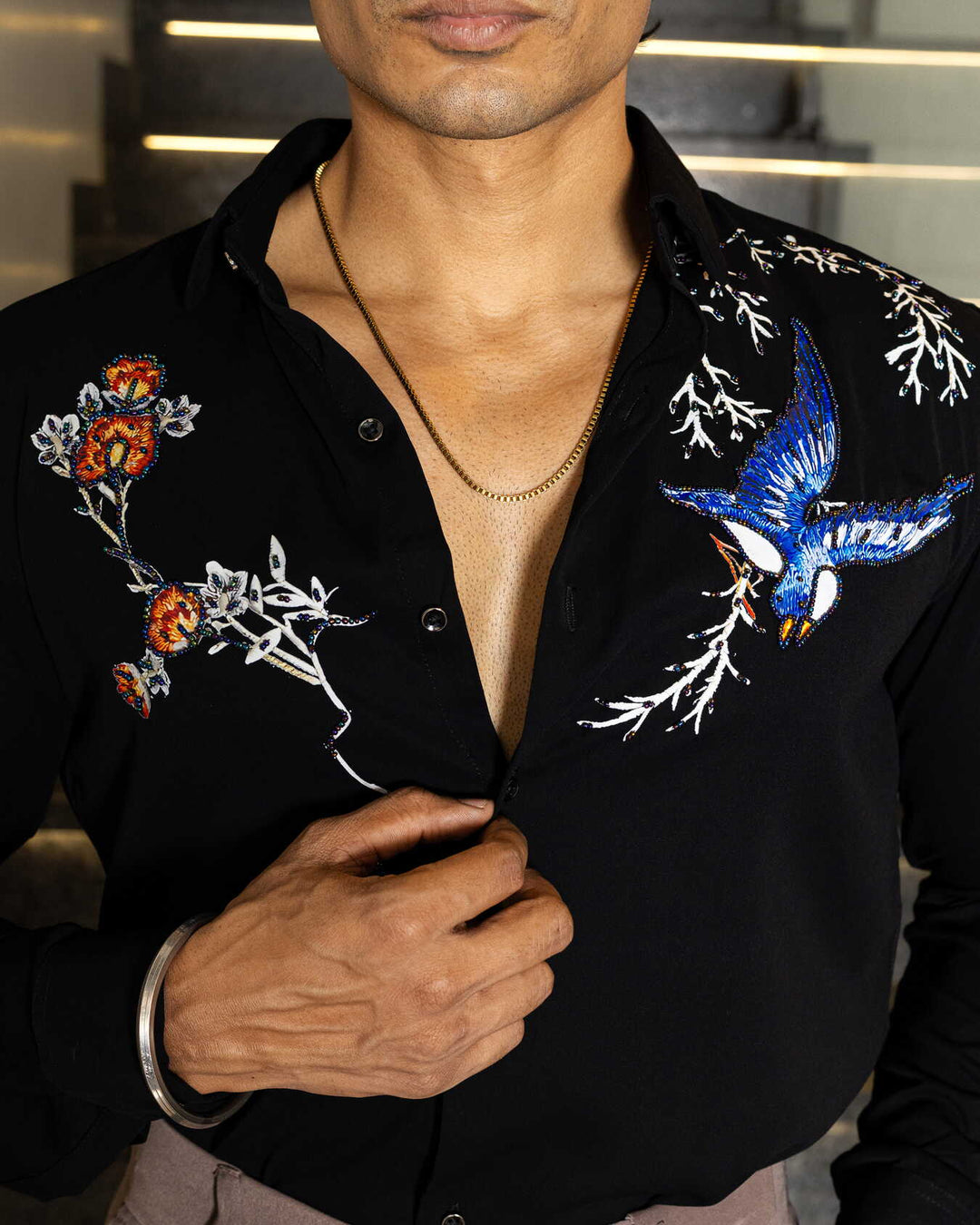 Black Color Bird Embellished Shirt