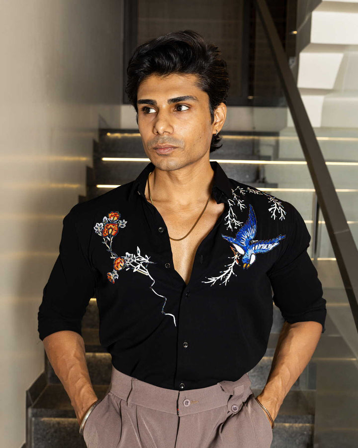 Black Color Bird Embellished Shirt