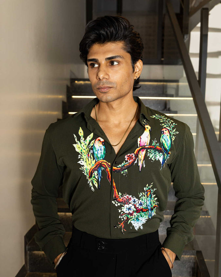 Green Color Bird on Branches Embellished Shirt