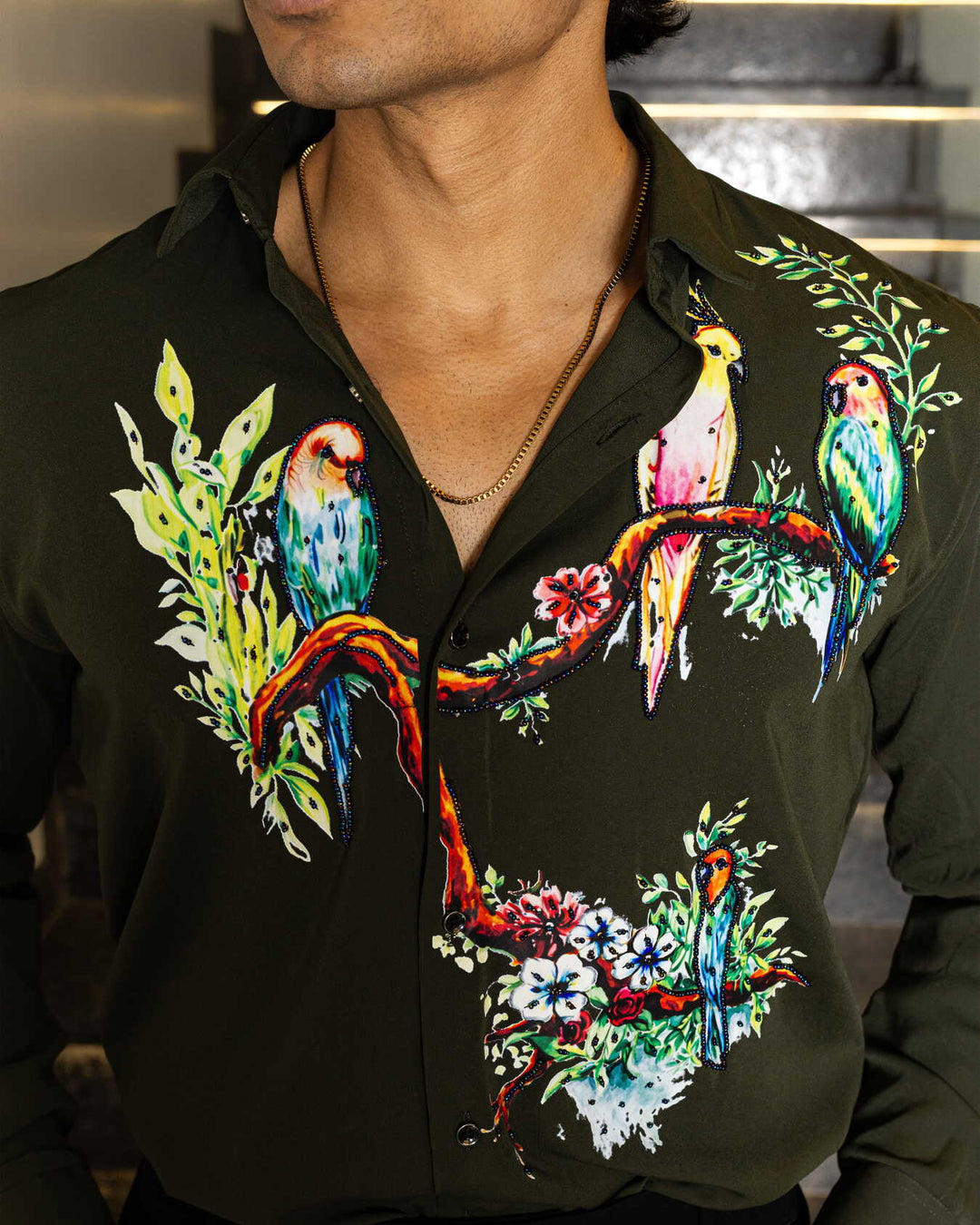 Green Color Bird on Branches Embellished Shirt
