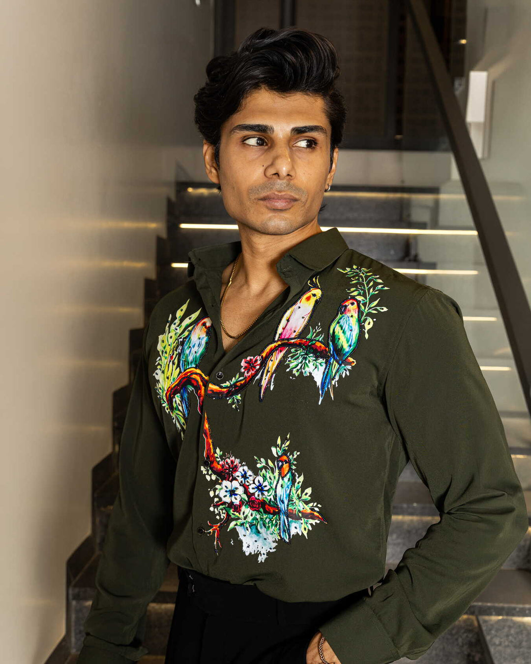 Green Color Bird on Branches Embellished Shirt