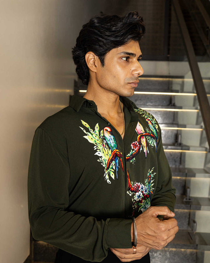 Green Color Bird on Branches Embellished Shirt