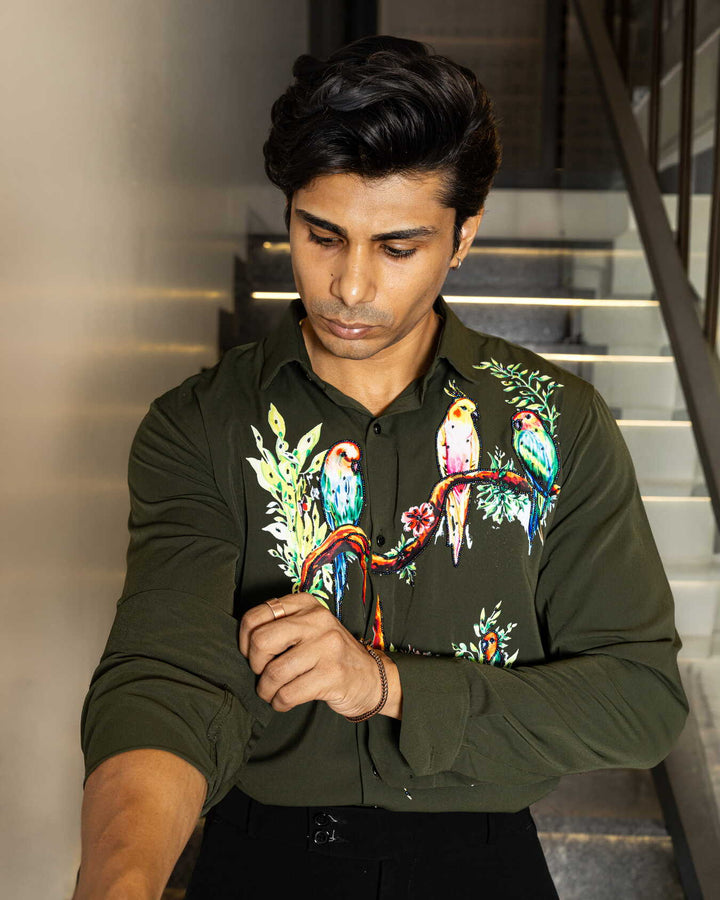 Green Color Bird on Branches Embellished Shirt