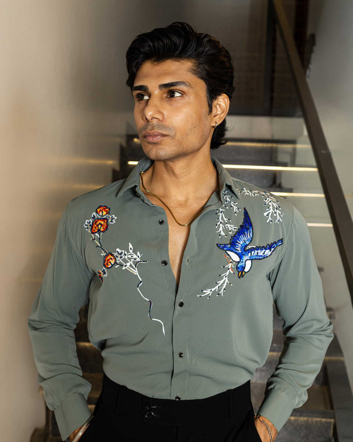 Green Color Bird on Branches Embellished Shirt
