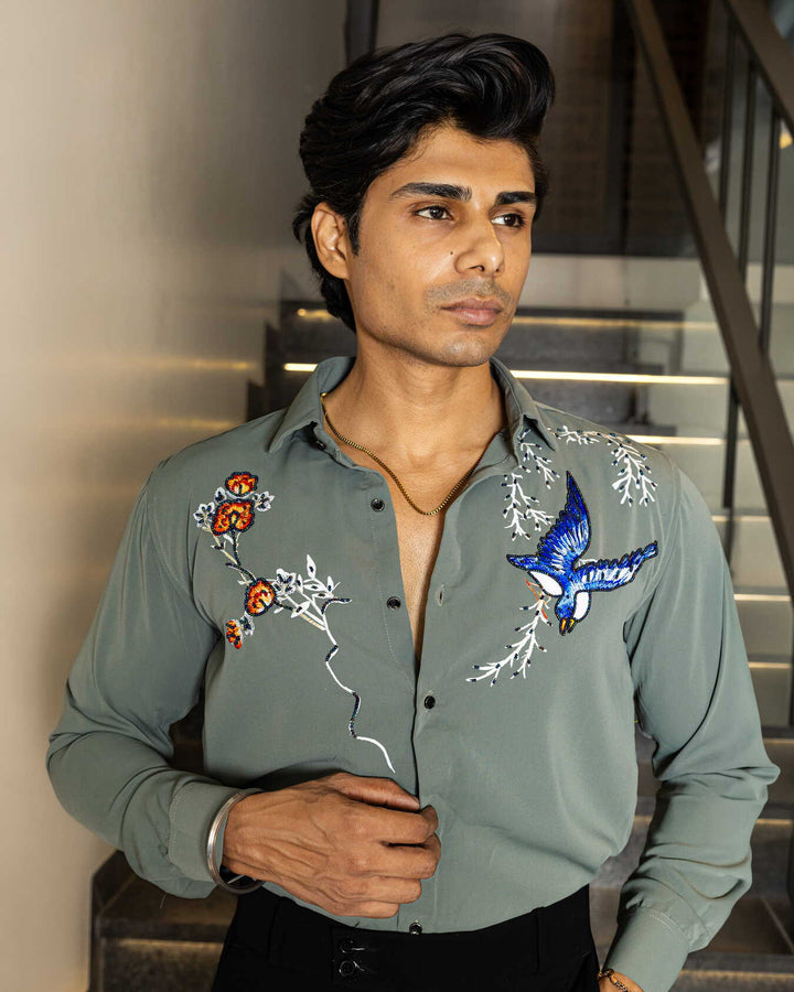 Green Color Bird on Branches Embellished Shirt