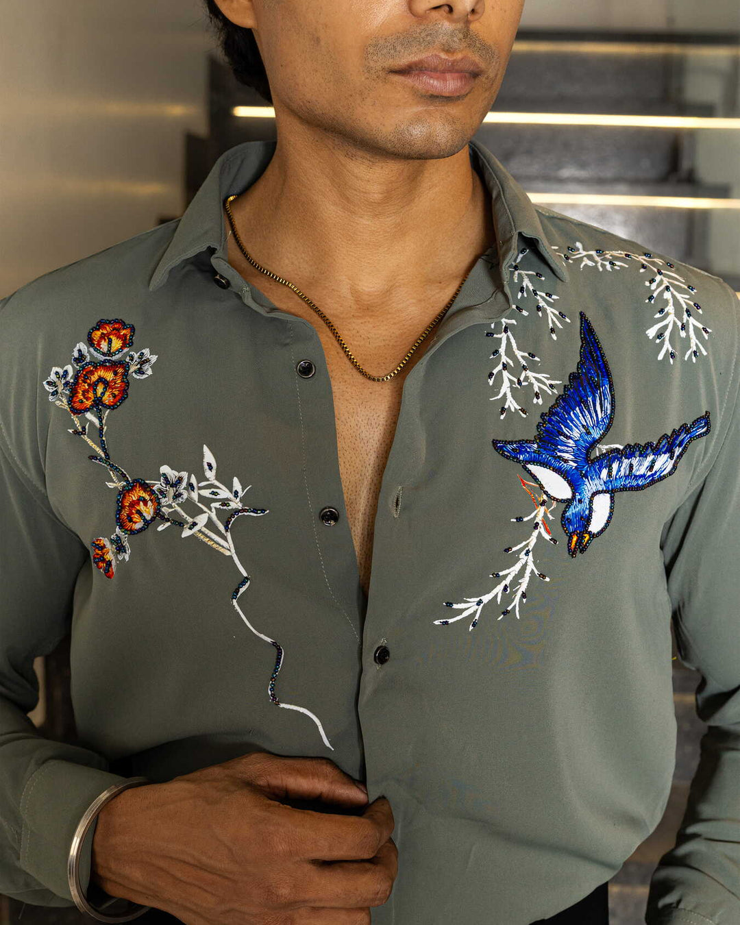 Green Color Bird on Branches Embellished Shirt