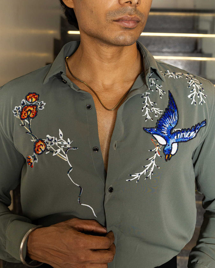 Green Color Bird on Branches Embellished Shirt