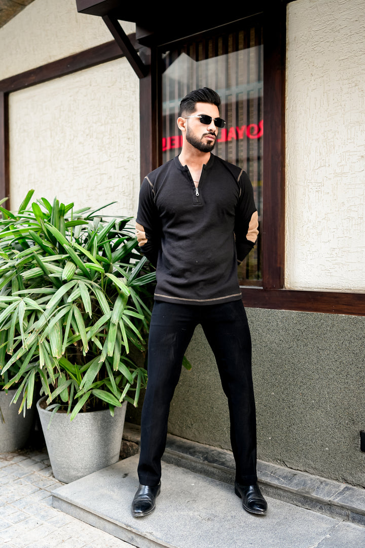 Black Cross Stitched Elbow Patch Waffle Zipper T-Shirt