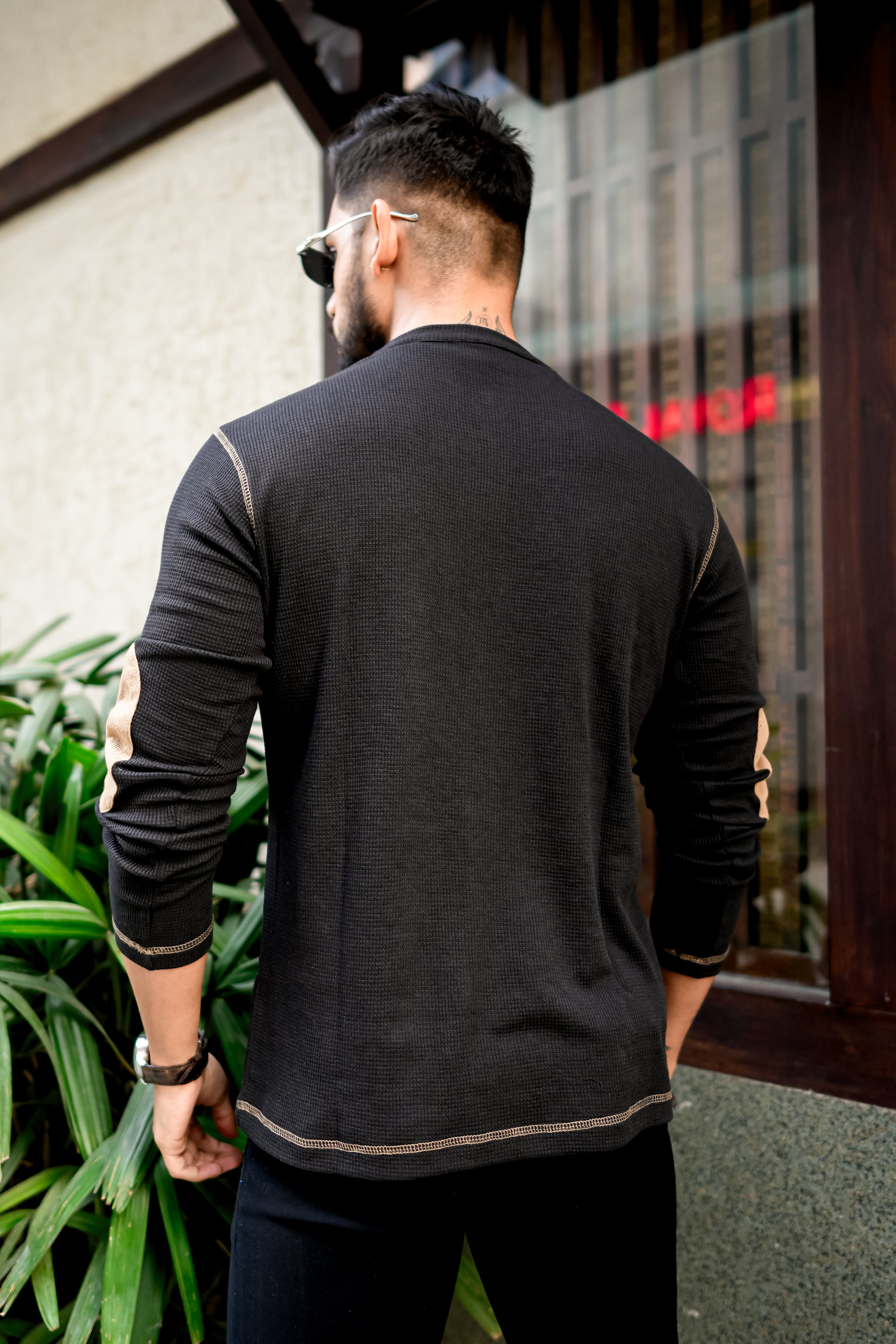 Black Cross Stitched Elbow Patch Waffle Zipper T-Shirt – Gritstones