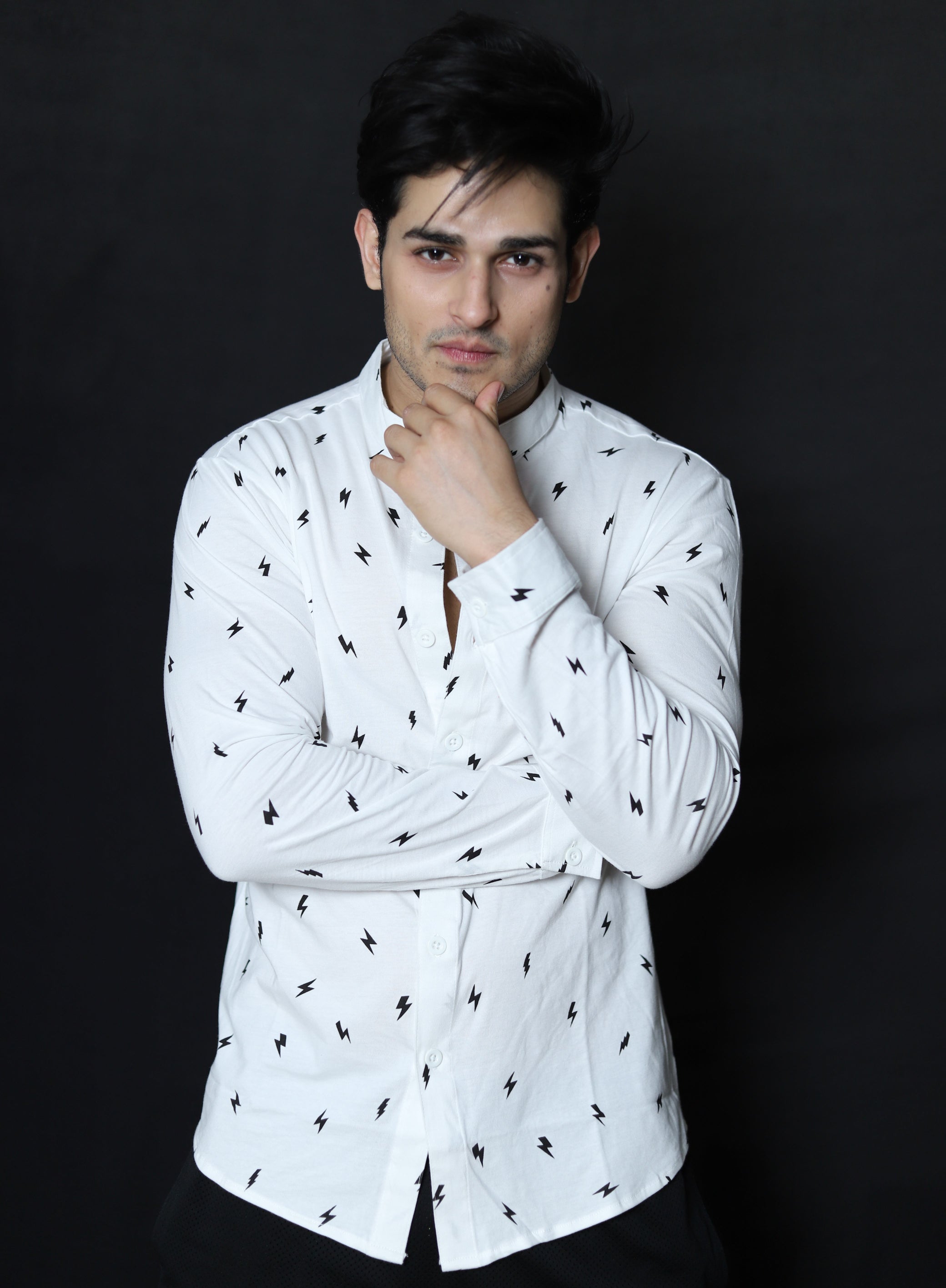 White Printed Chinese Collar Shirt (Priyank Shamra x Gritstones)