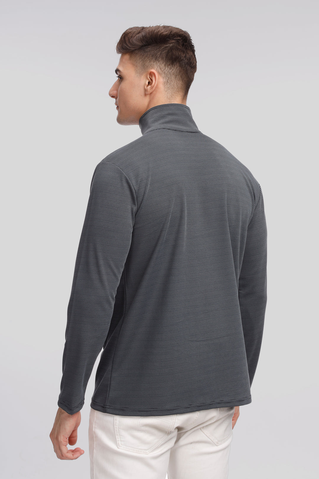 Grey Stripes Self Design Zipper T-Shirt