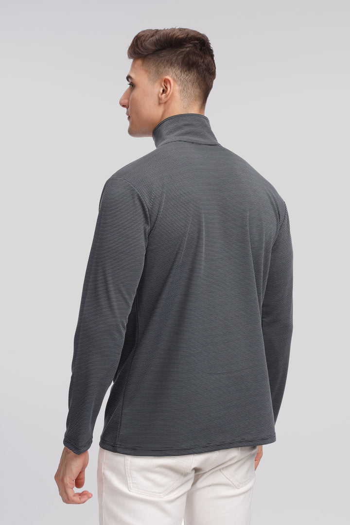 Grey Stripes Self Design Zipper T-Shirt