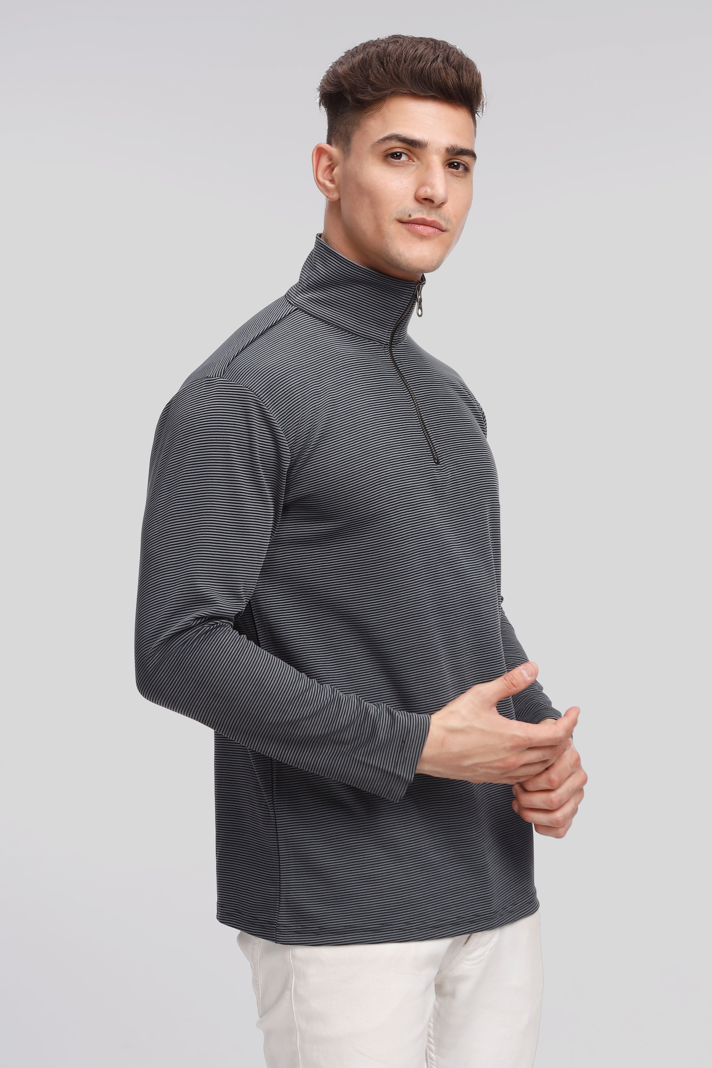 Grey Stripes Self Design Zipper T-Shirt