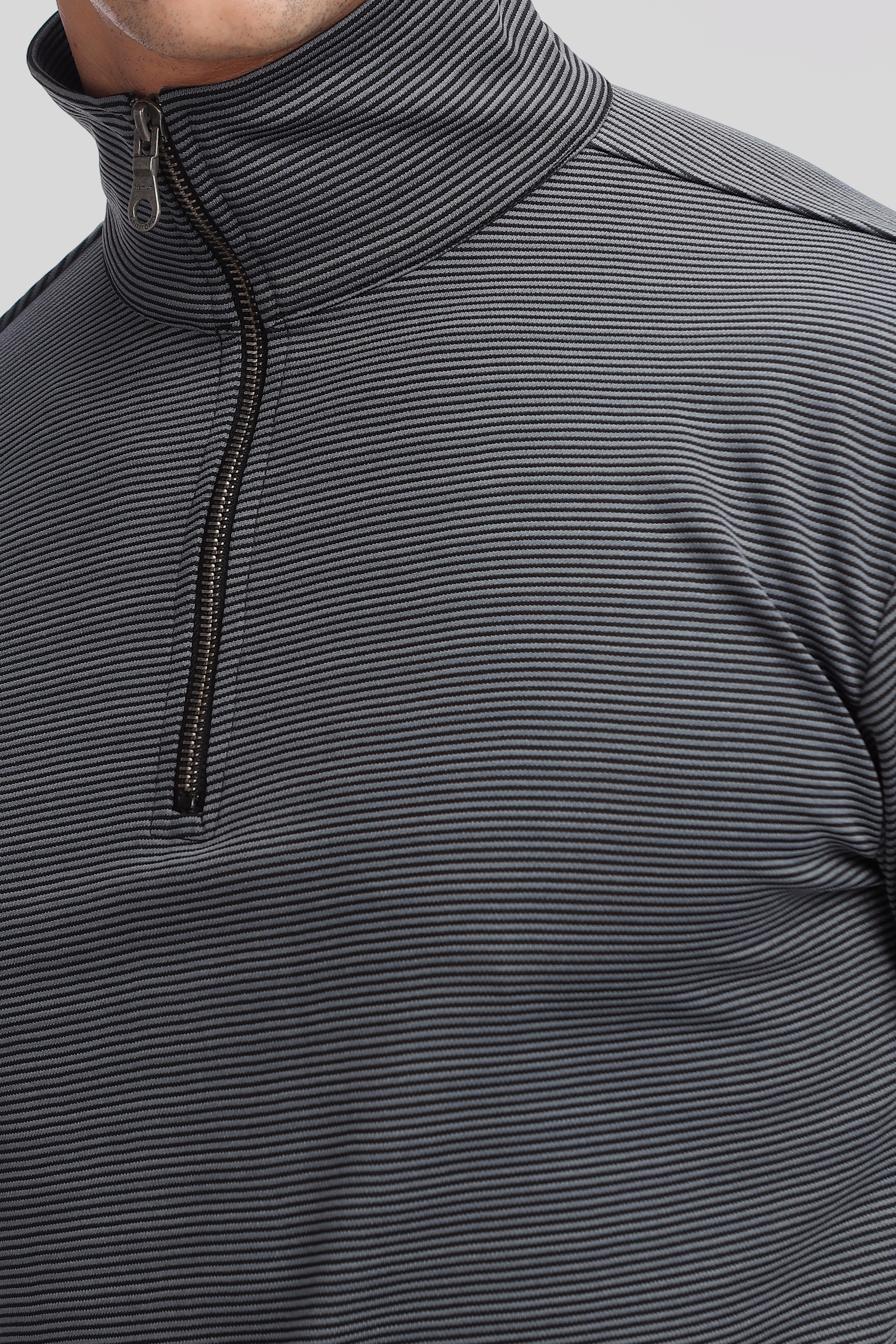 Grey Stripes Self Design Zipper T-Shirt