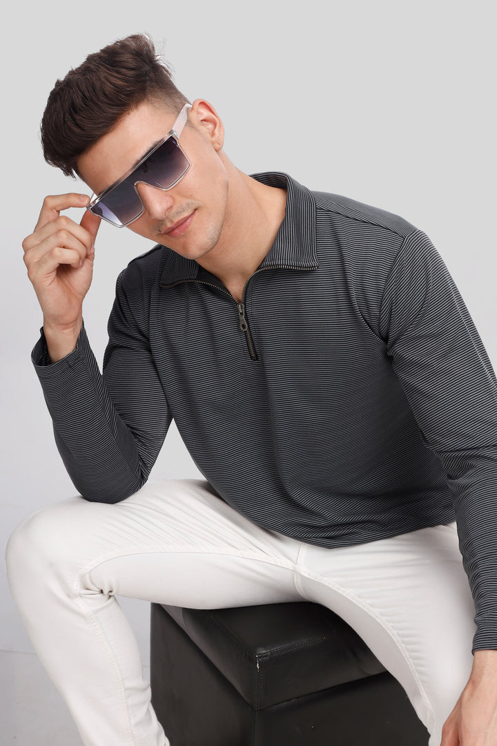 Grey Stripes Self Design Zipper T-Shirt