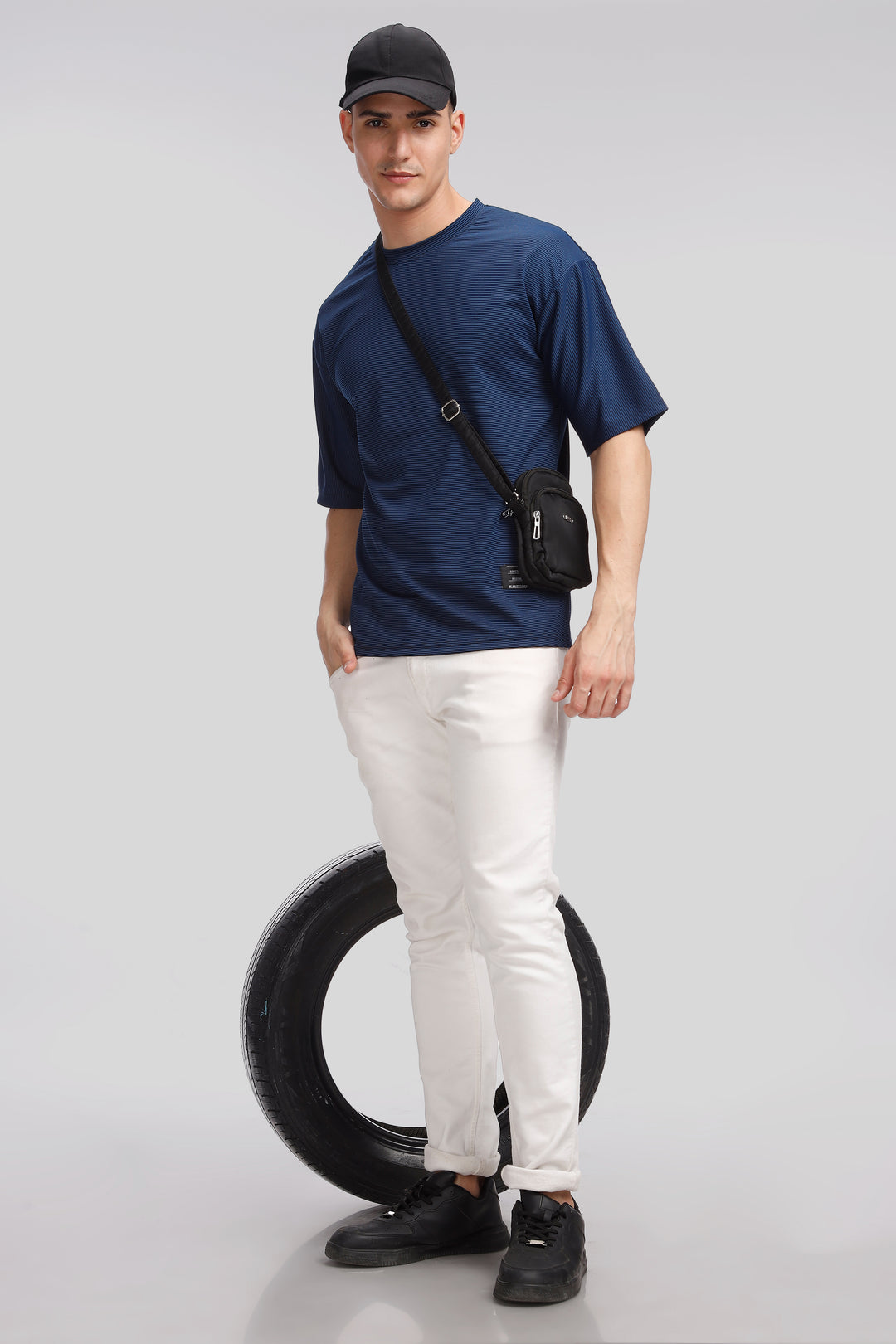 Teal Blue Self Design Oversized T-Shirt