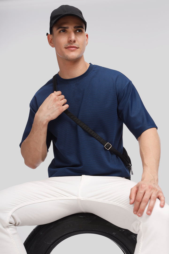 Teal Blue Self Design Oversized T-Shirt