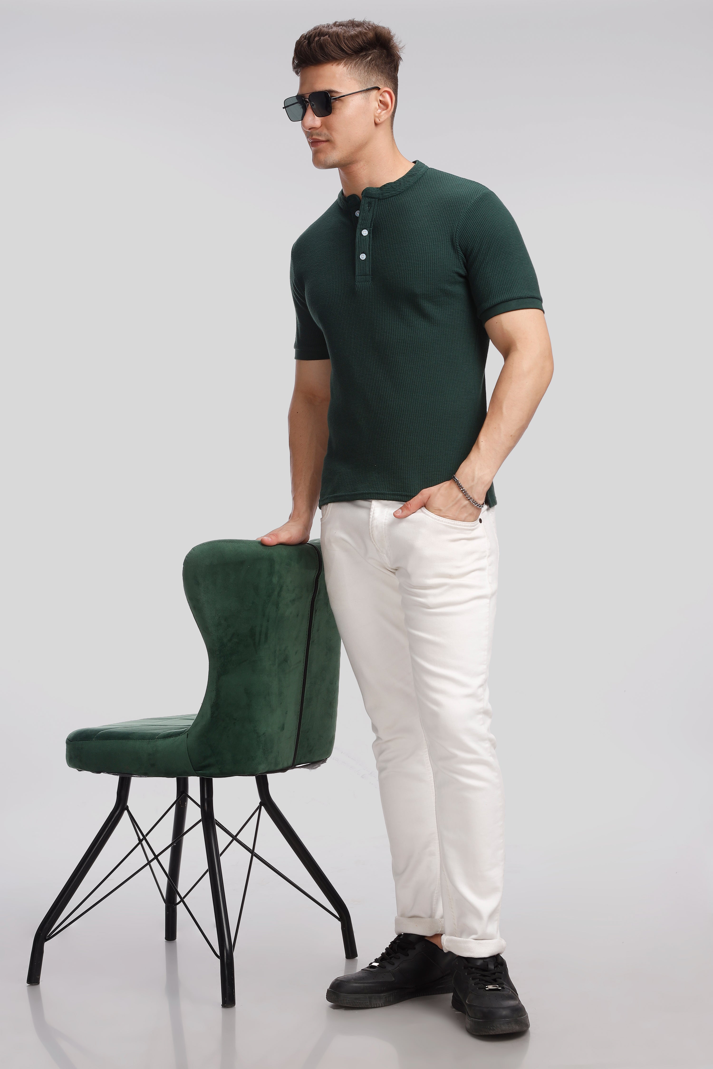 Dark Green Waffle Henley T-Shirt