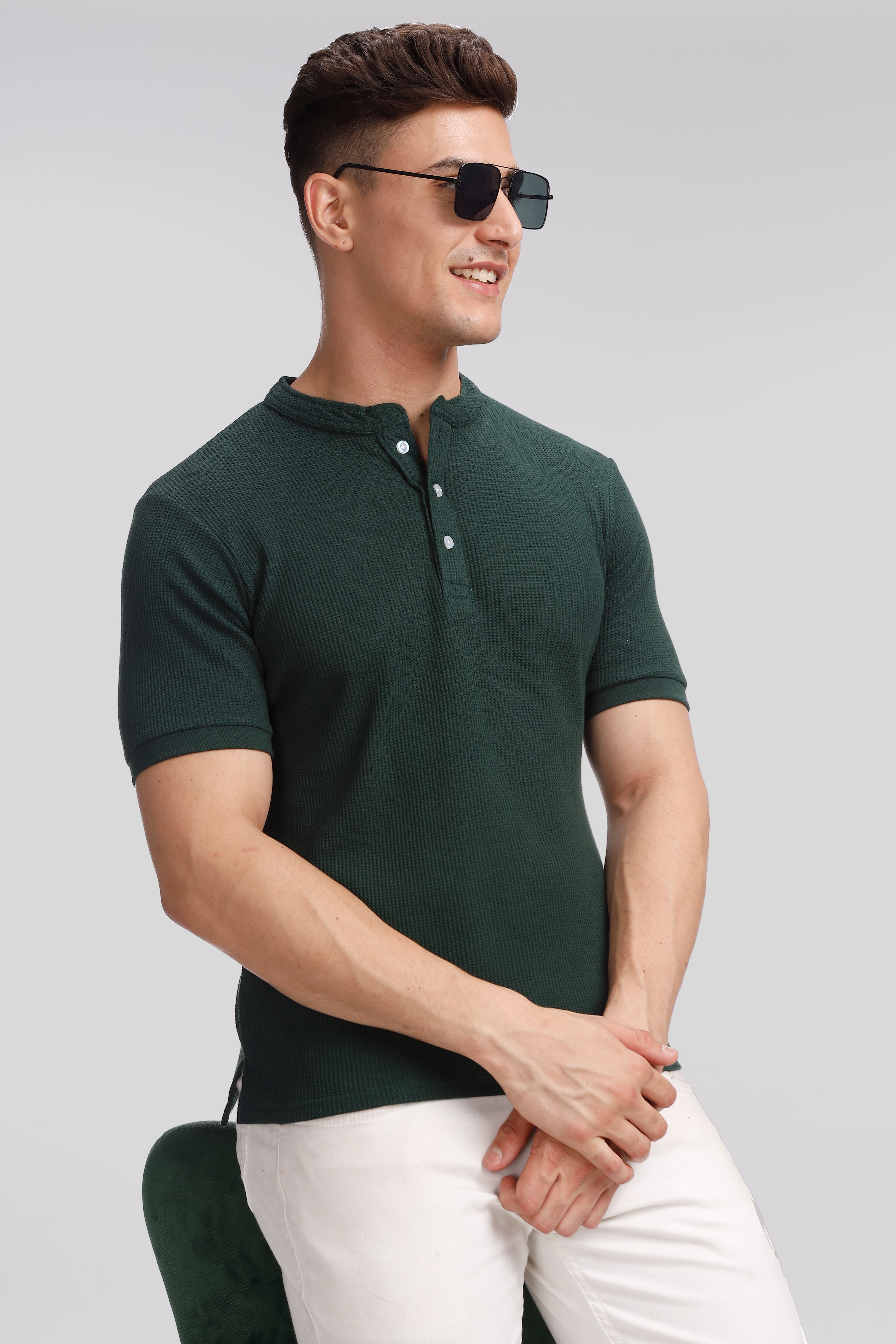 Dark Green Waffle Henley T-Shirt