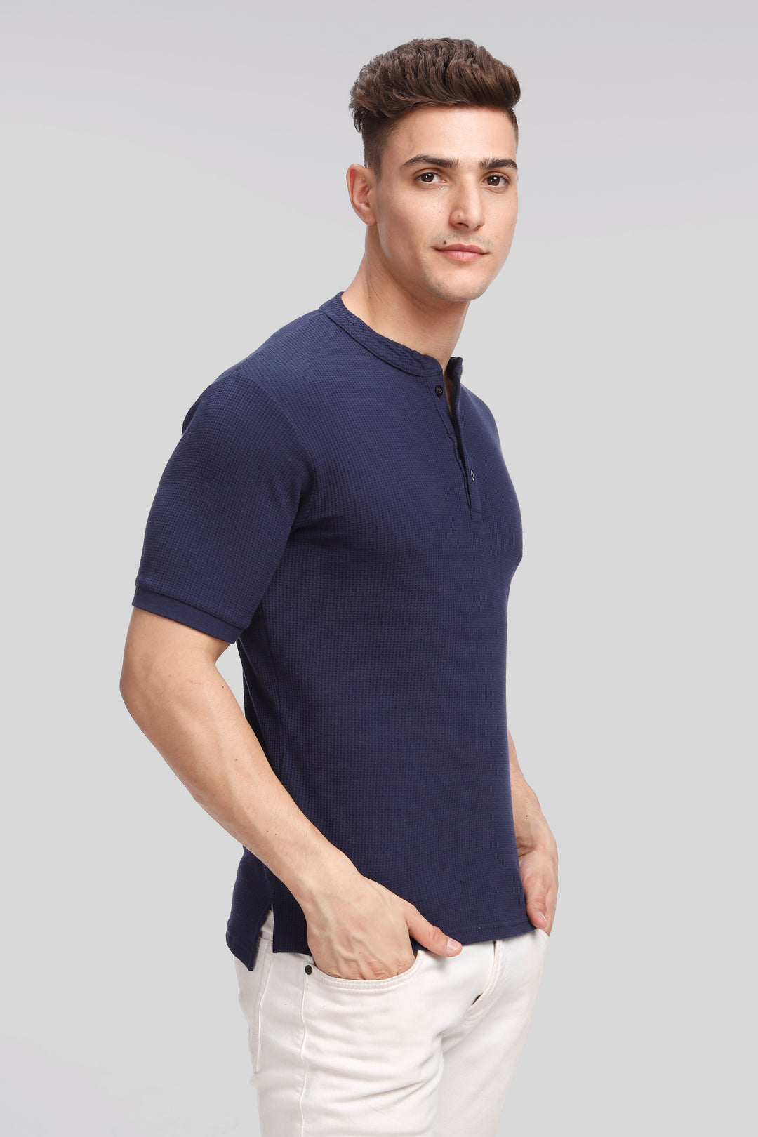 Navy Blue Waffle Knit Henley T-Shirt