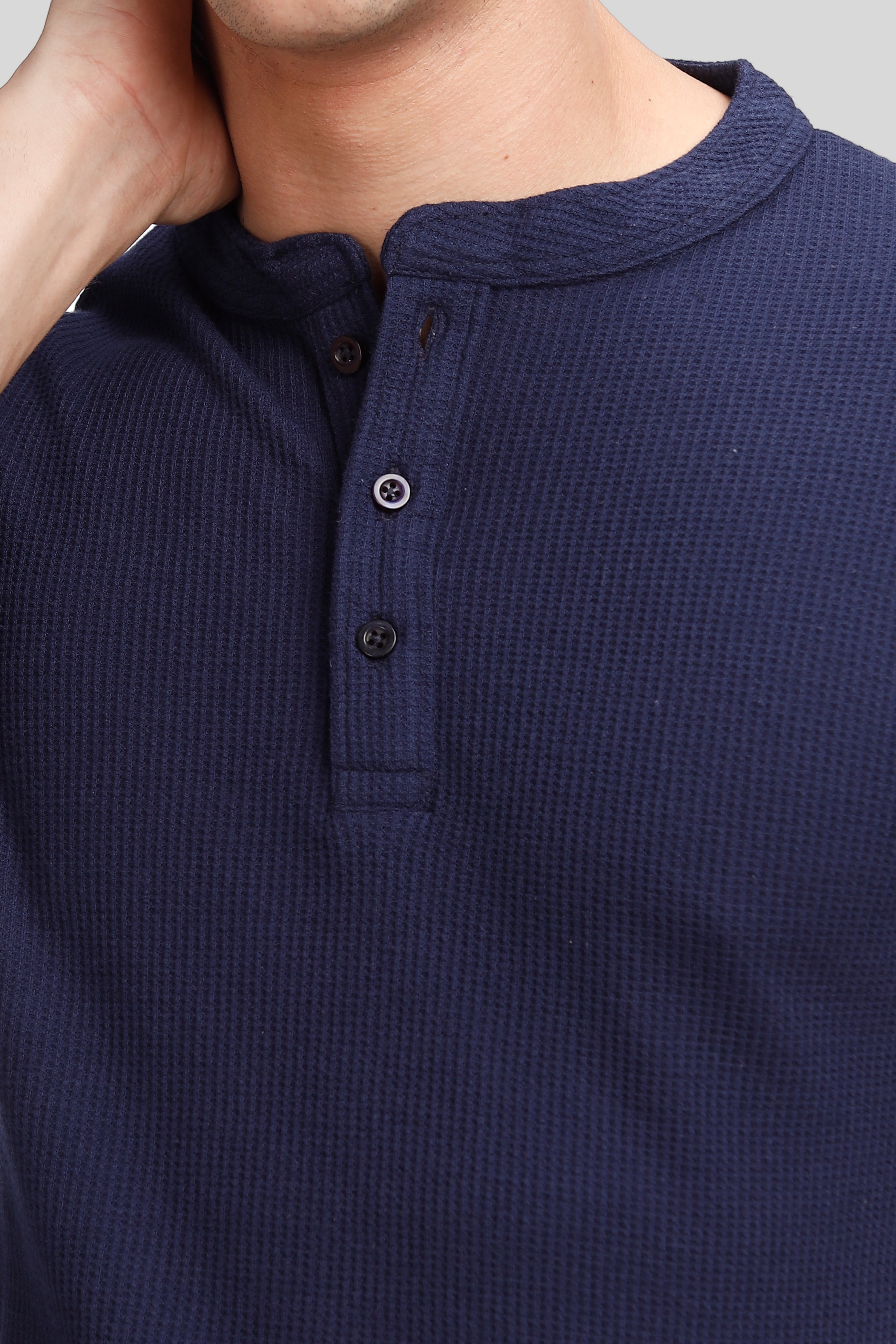 Navy Blue Waffle Knit Henley T-Shirt