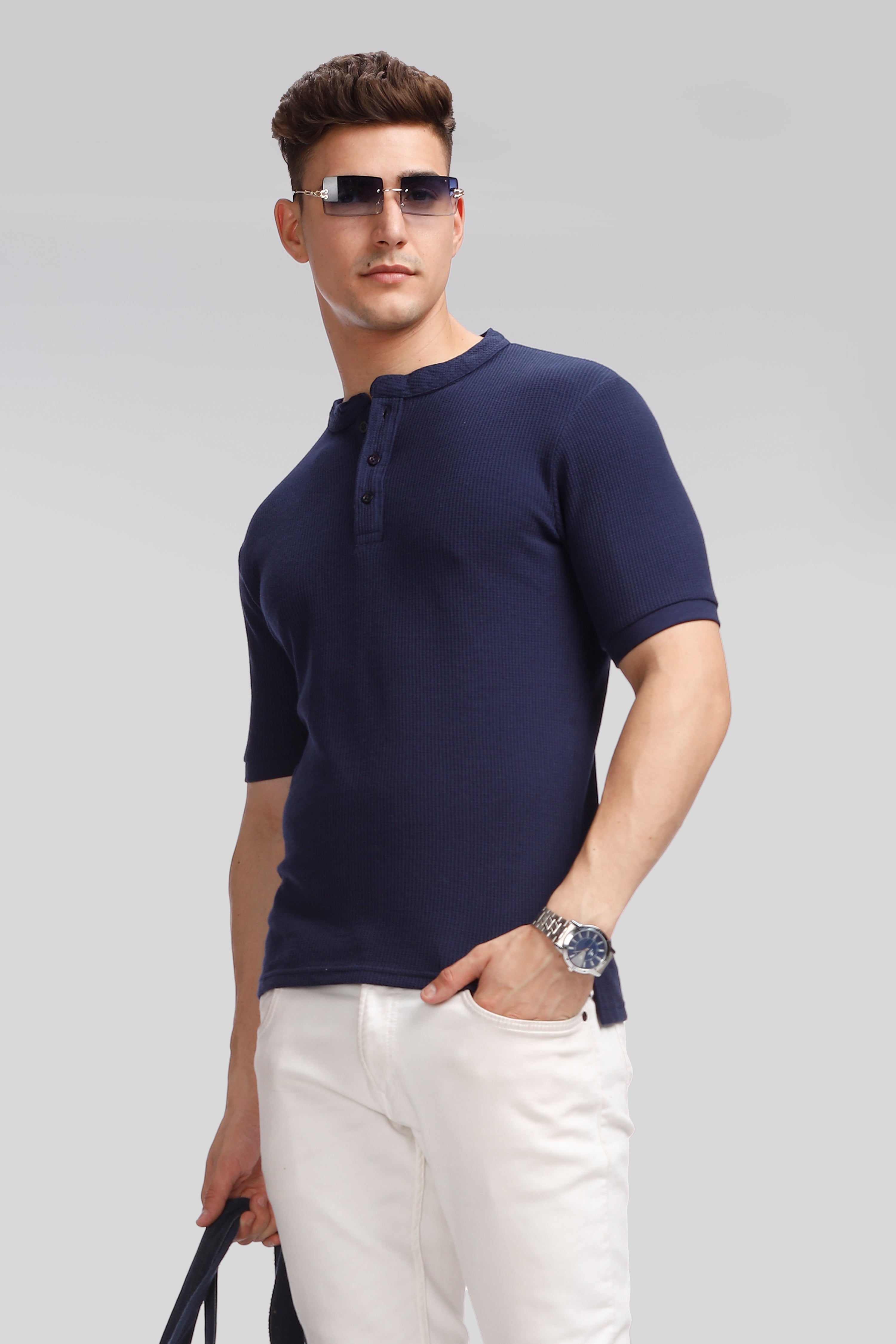 Navy Blue Waffle Knit Henley T-Shirt