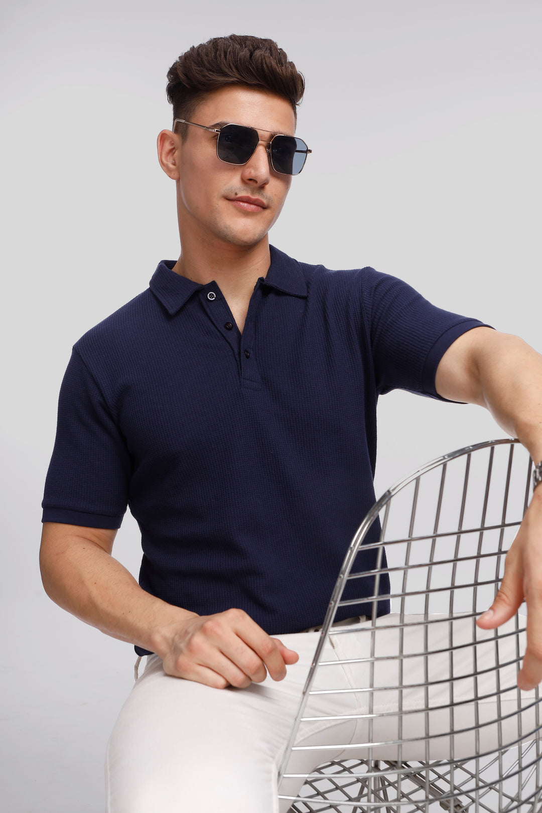 Navy Waffle Knit Polo T-Shirt
