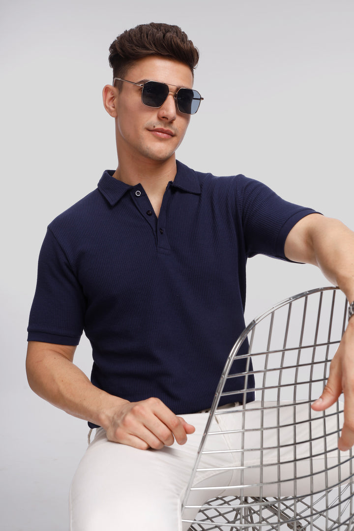 Navy Waffle Knit Polo T-Shirt