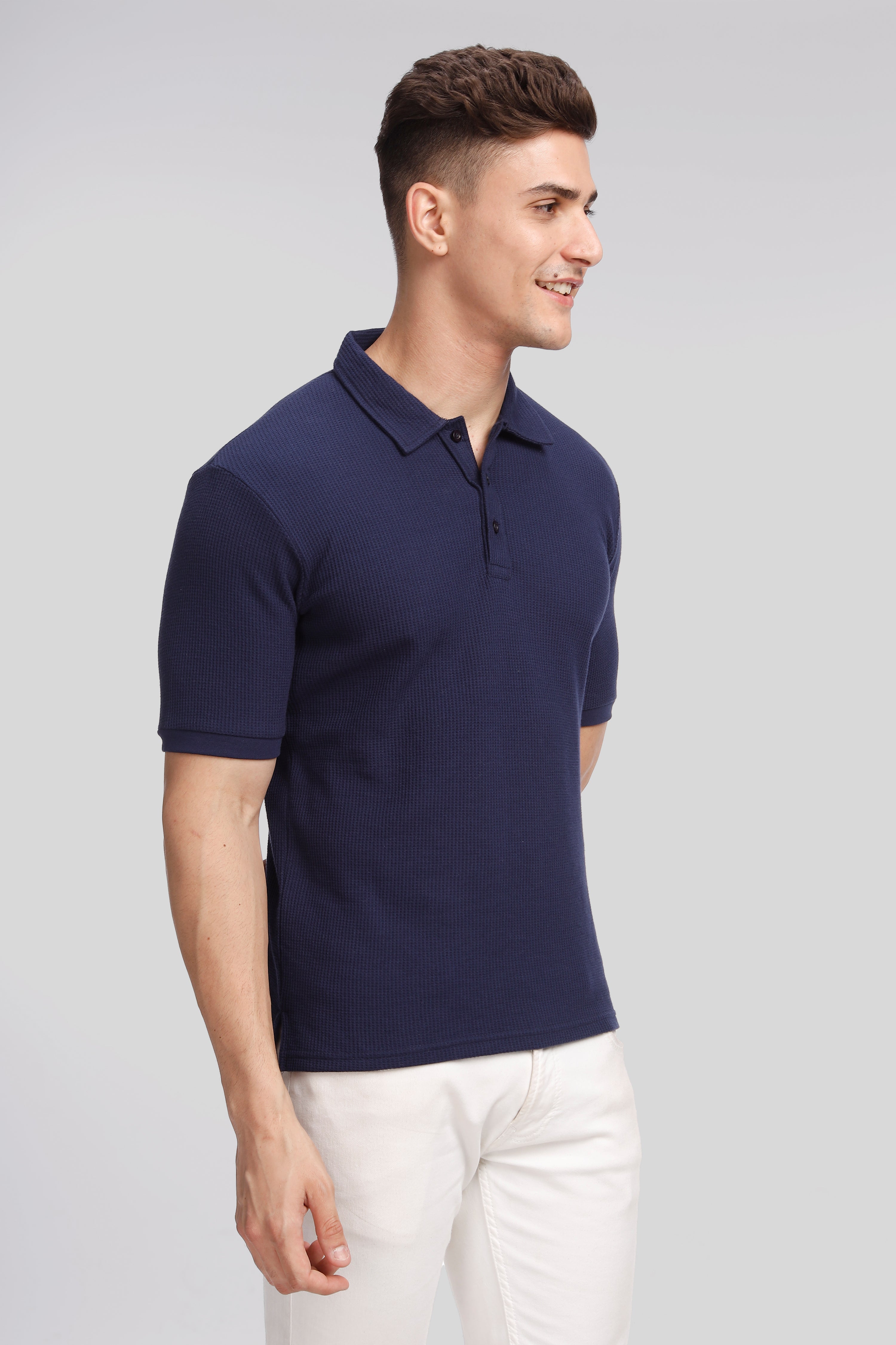 Navy Waffle Knit Polo T-Shirt