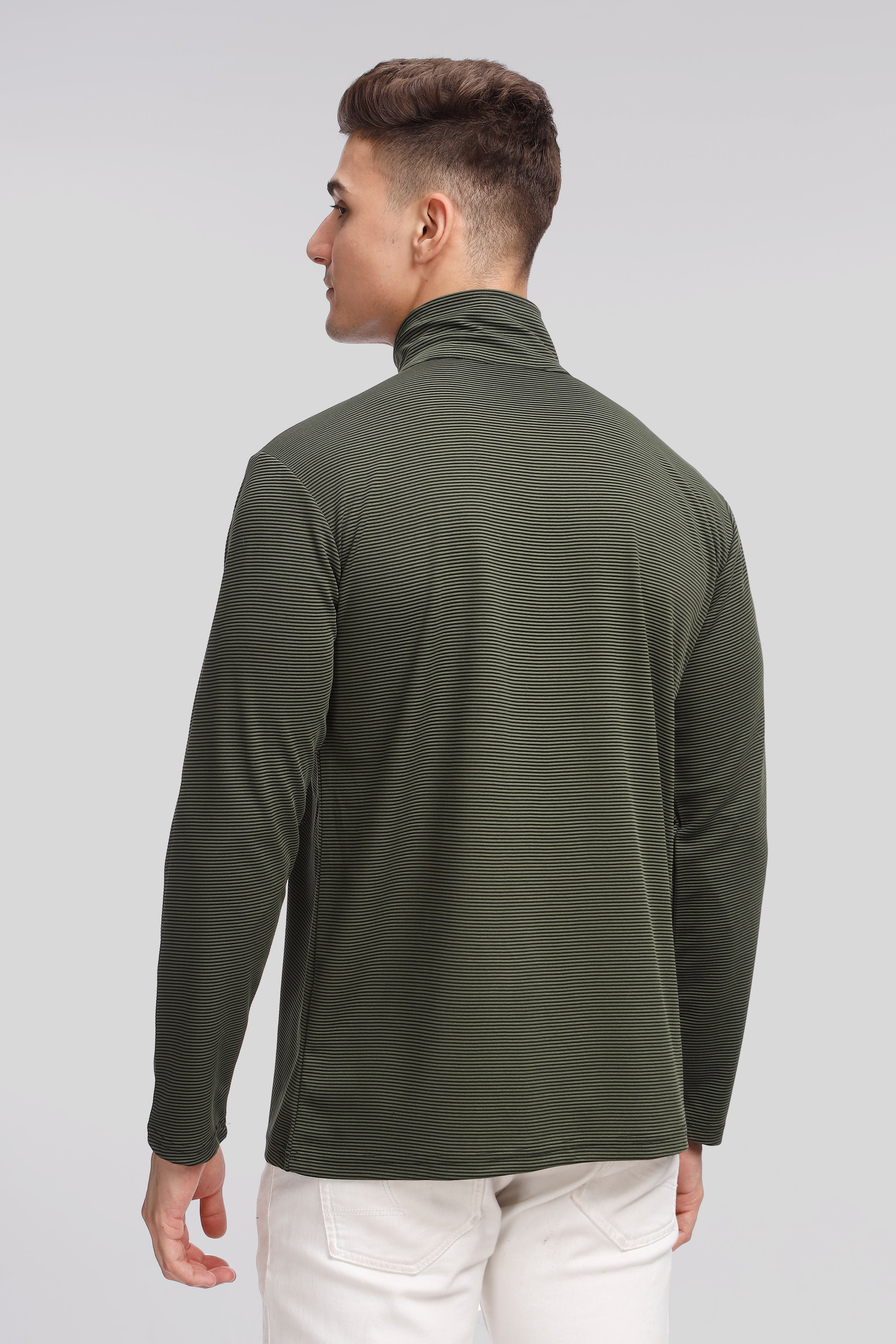 Green Stripes Self Design Zipper T-Shirt