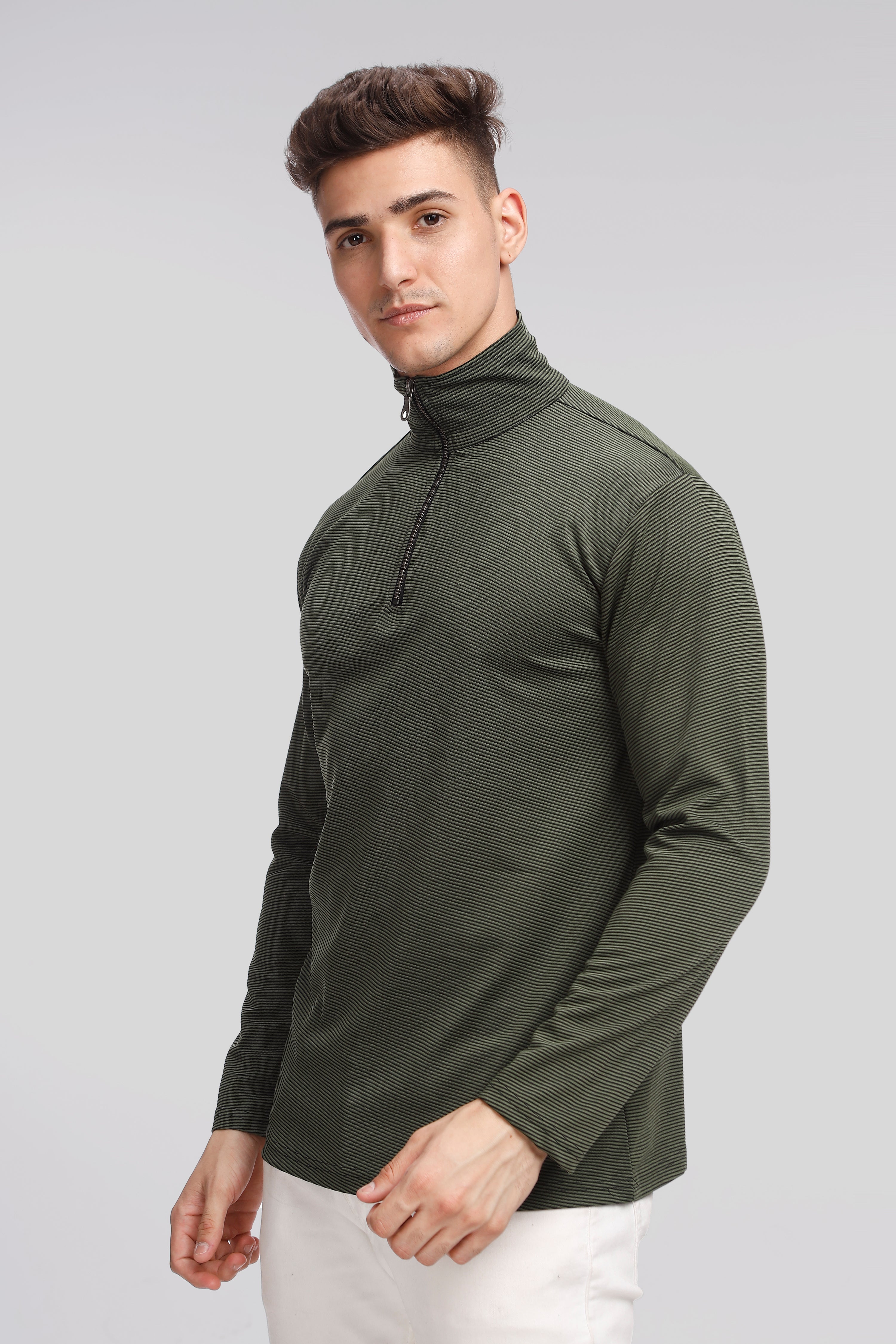 Green Stripes Self Design Zipper T-Shirt