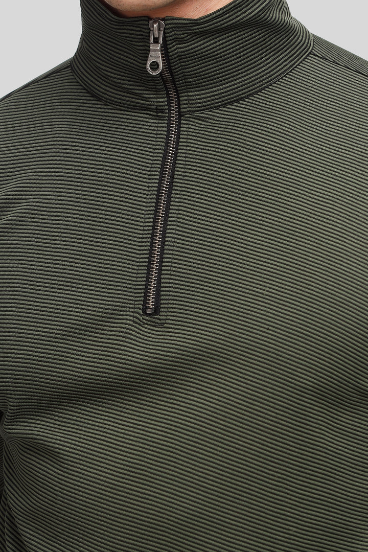 Green Stripes Self Design Zipper T-Shirt