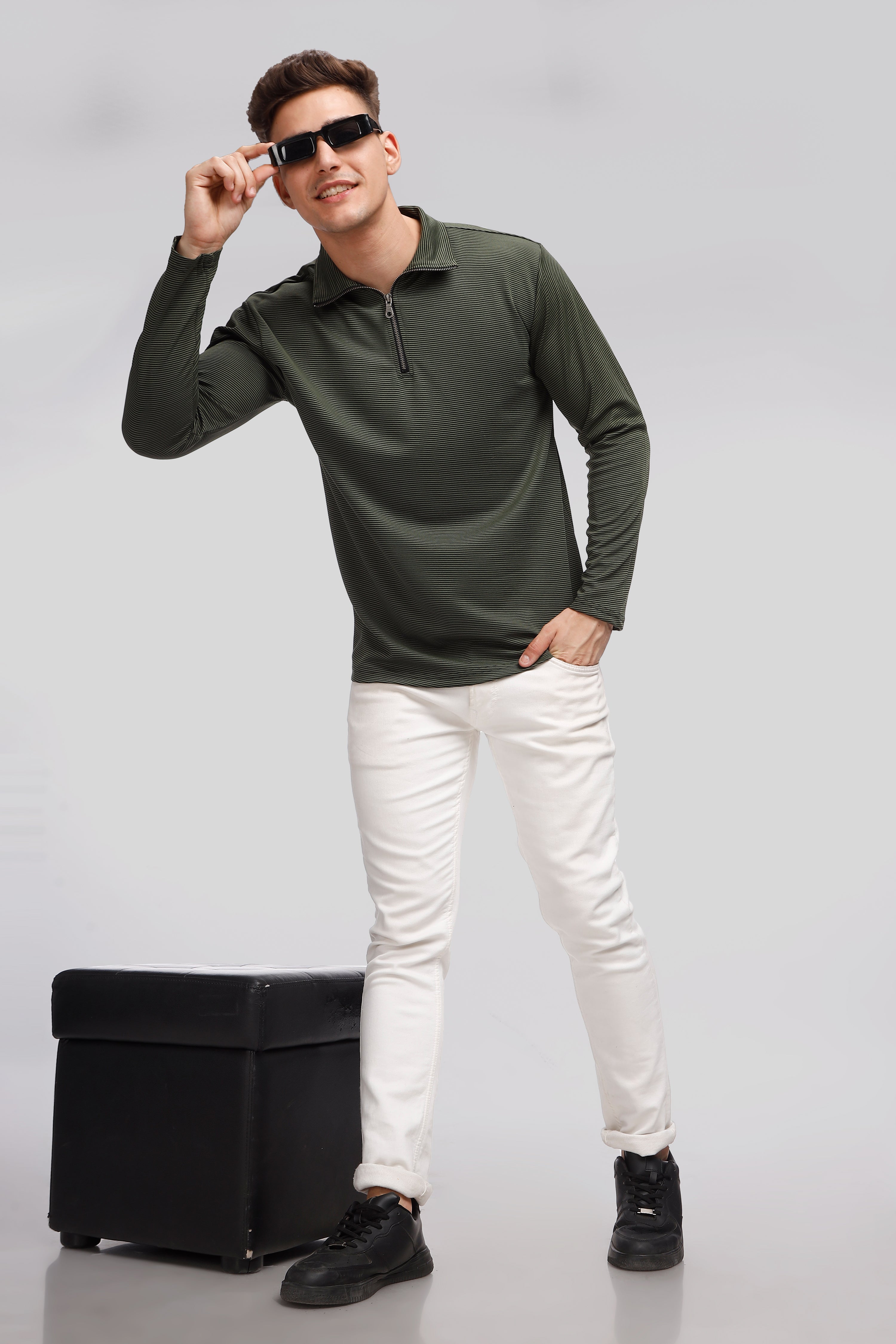 Green Stripes Self Design Zipper T-Shirt