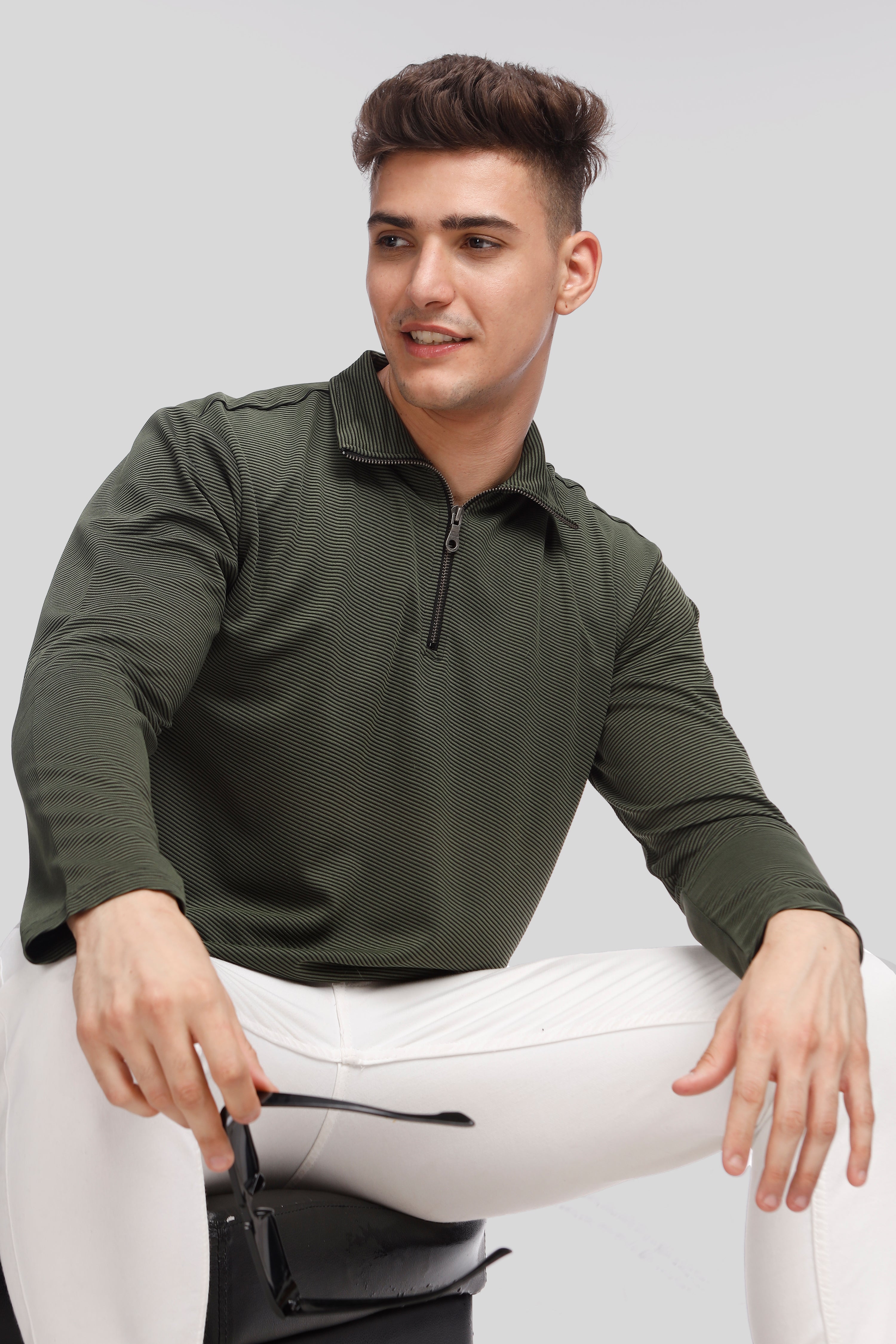 Green Stripes Self Design Zipper T-Shirt