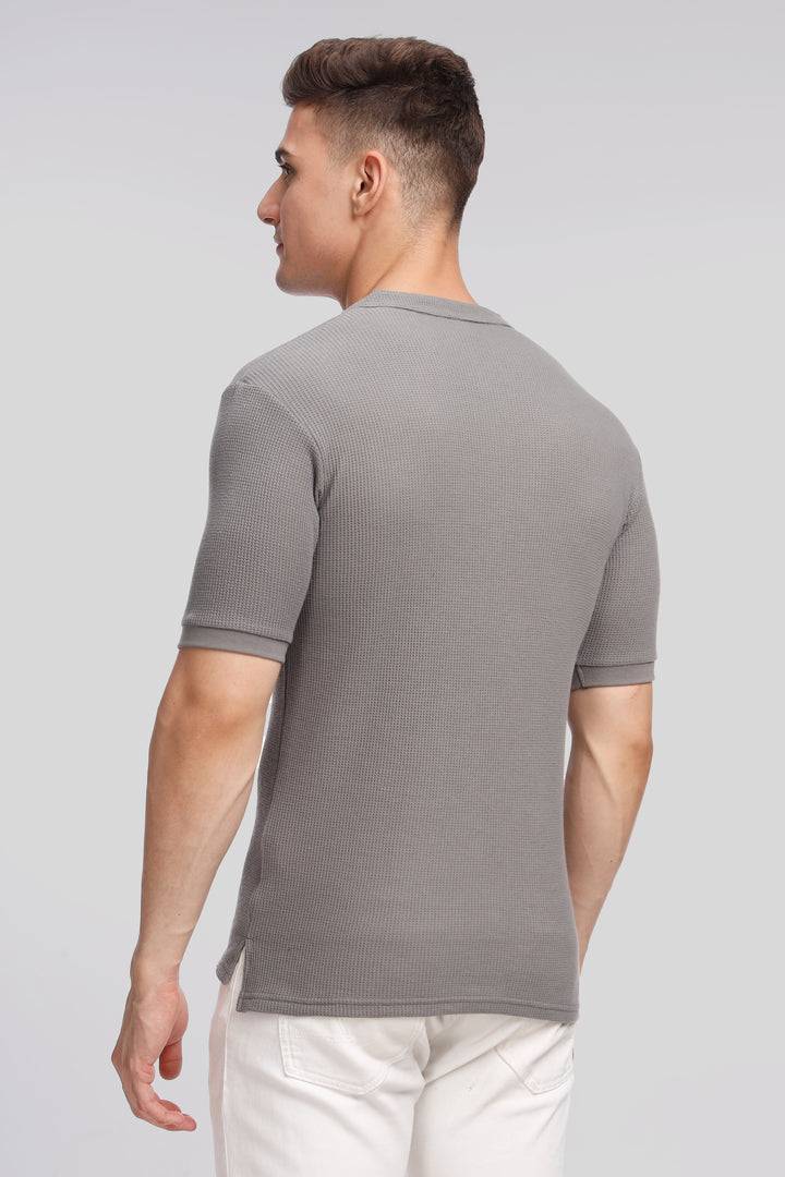 Dark Grey Waffle Knit Henley T-Shirt