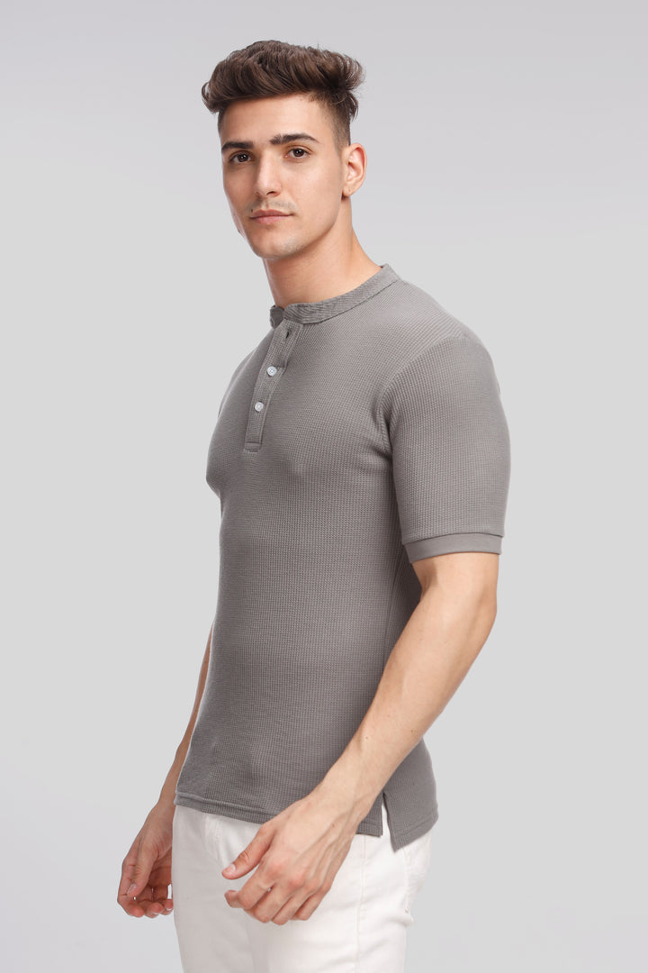 Dark Grey Waffle Knit Henley T-Shirt