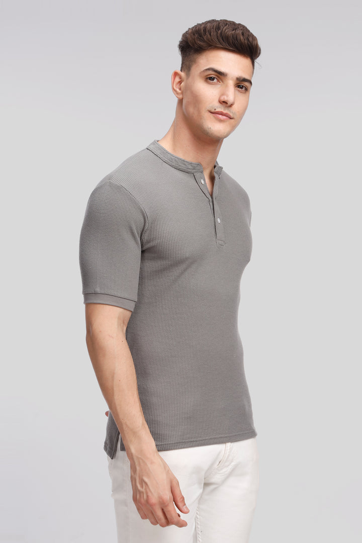 Dark Grey Waffle Knit Henley T-Shirt