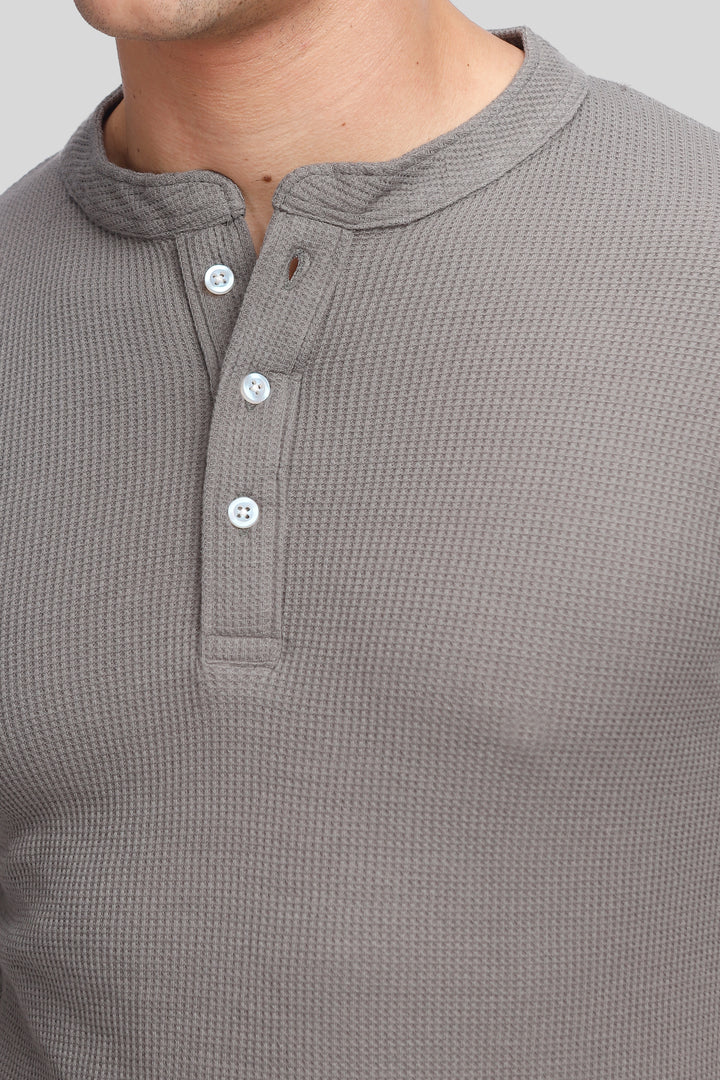 Dark Grey Waffle Knit Henley T-Shirt