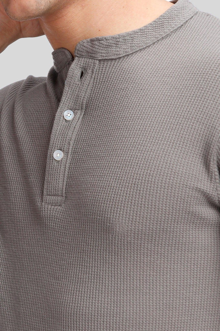 Dark Grey Waffle Knit Henley T-Shirt