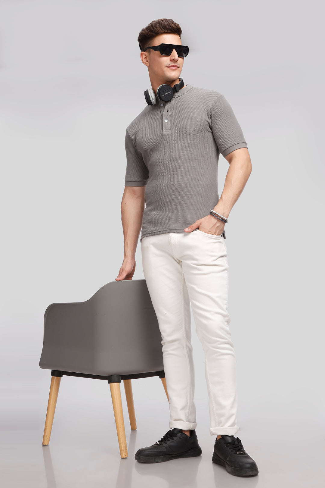 Dark Grey Waffle Knit Henley T-Shirt