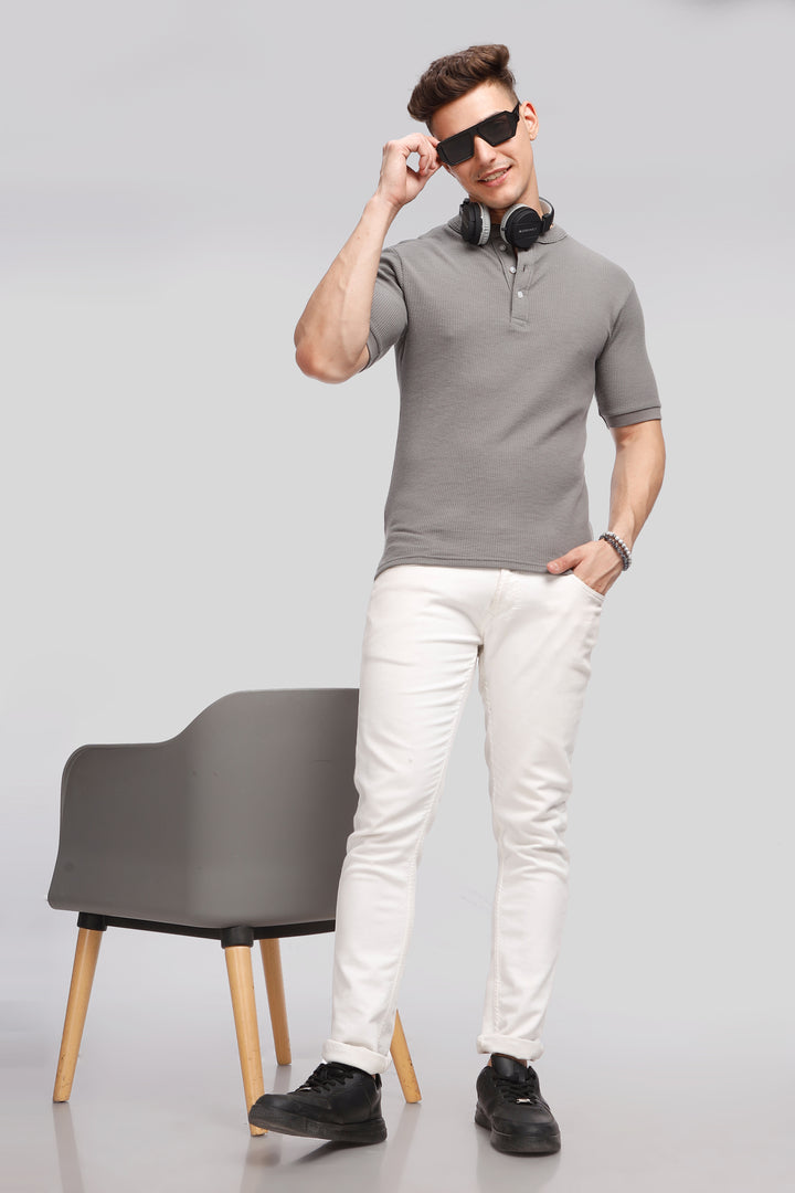 Dark Grey Waffle Knit Henley T-Shirt
