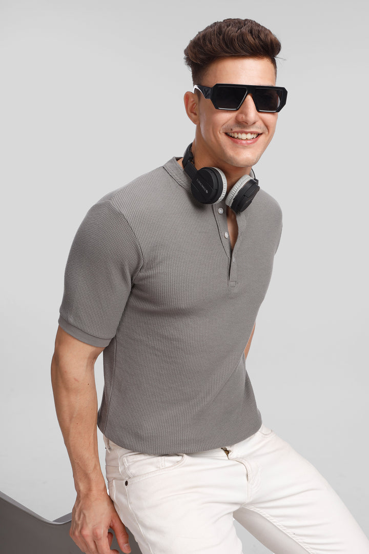 Dark Grey Waffle Knit Henley T-Shirt