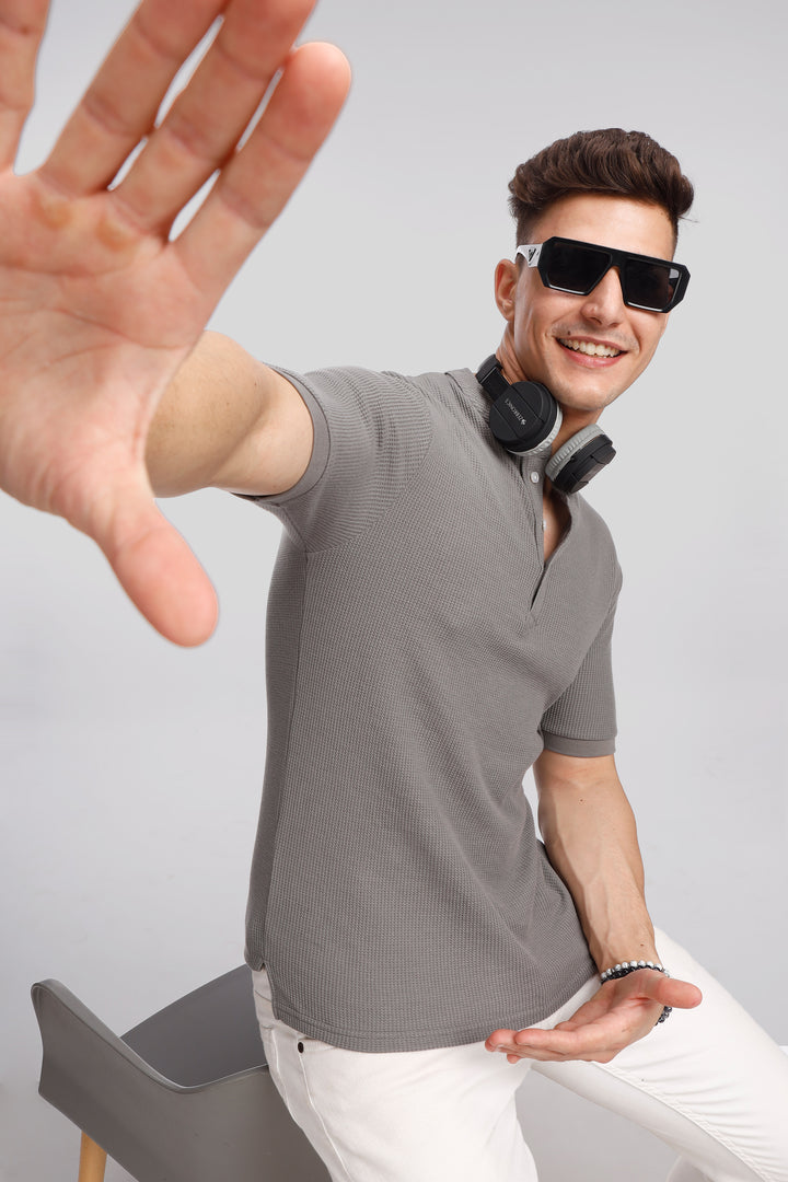 Dark Grey Waffle Knit Henley T-Shirt