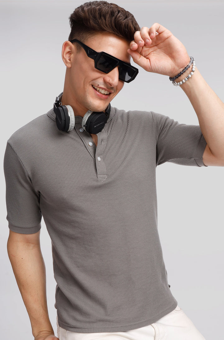 Dark Grey Waffle Knit Henley T-Shirt