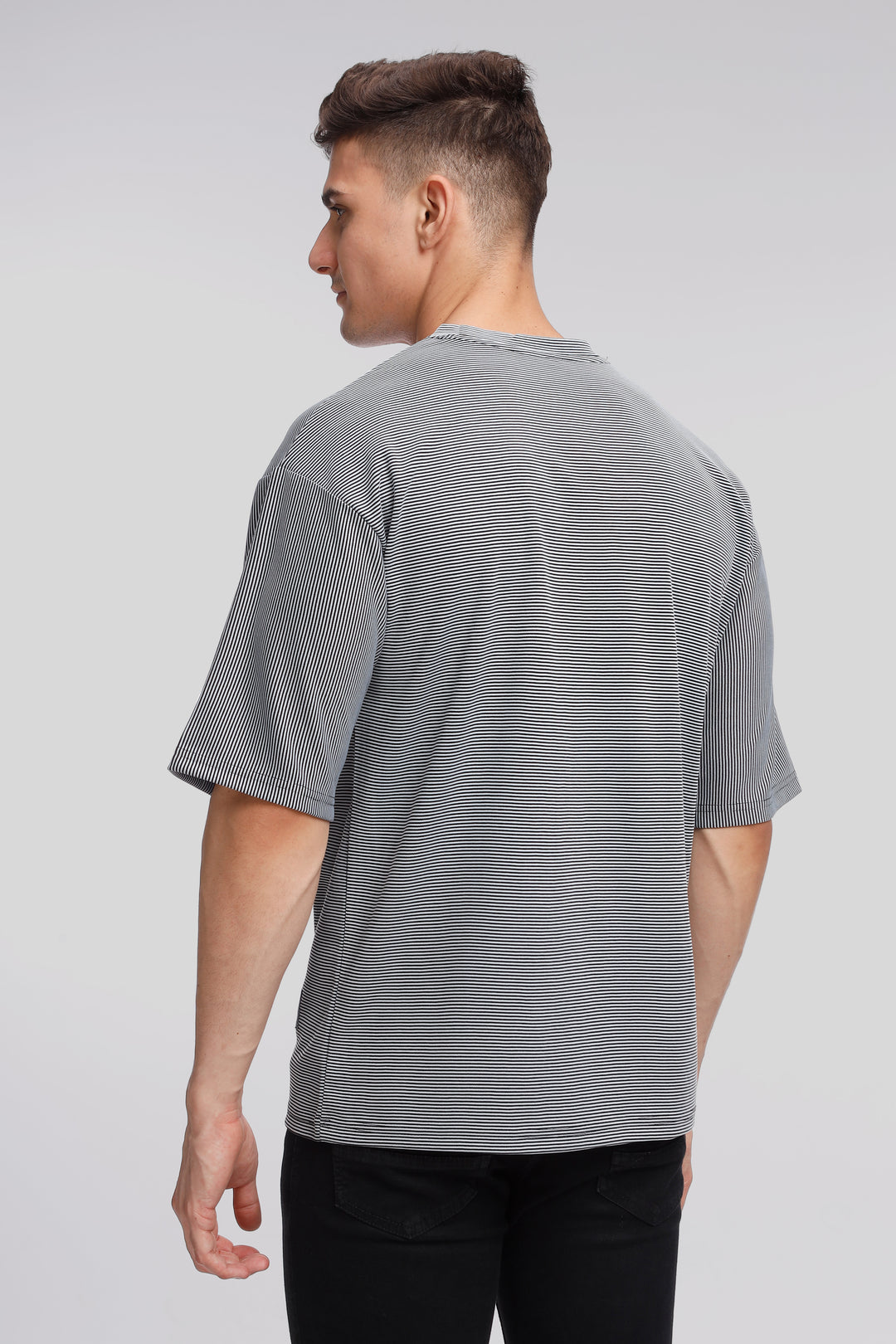 Grey Oversized Stripes Self Design T-Shirt