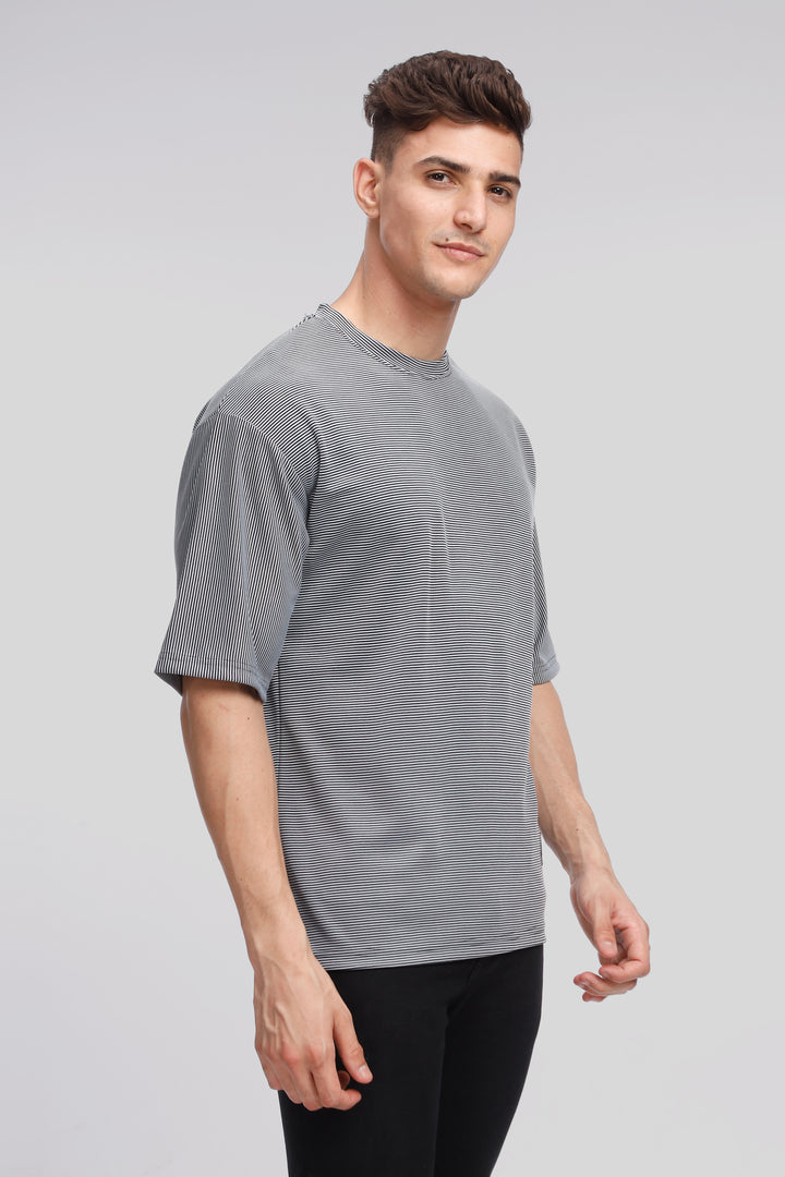 Grey Oversized Stripes Self Design T-Shirt