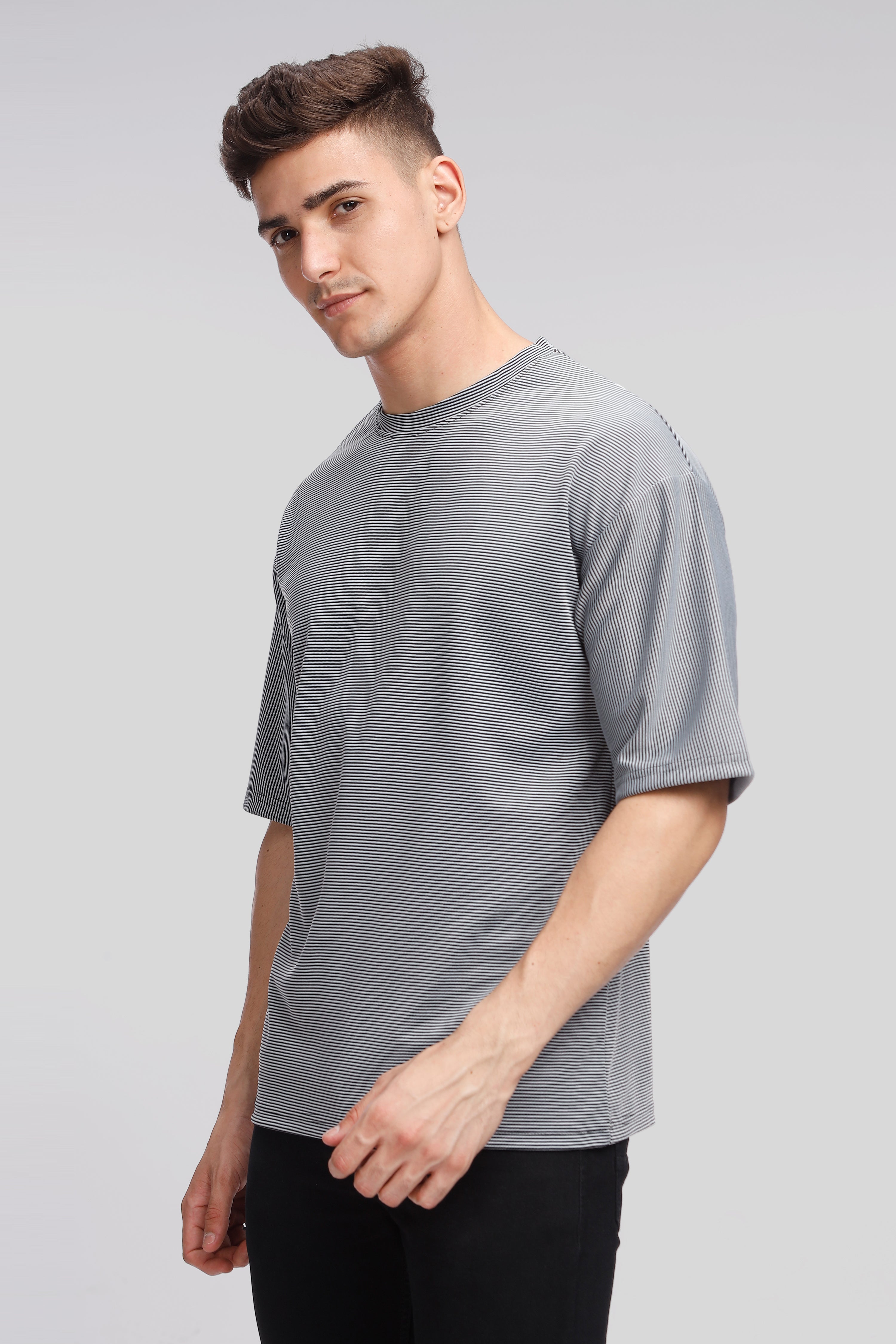 Grey Oversized Stripes Self Design T-Shirt