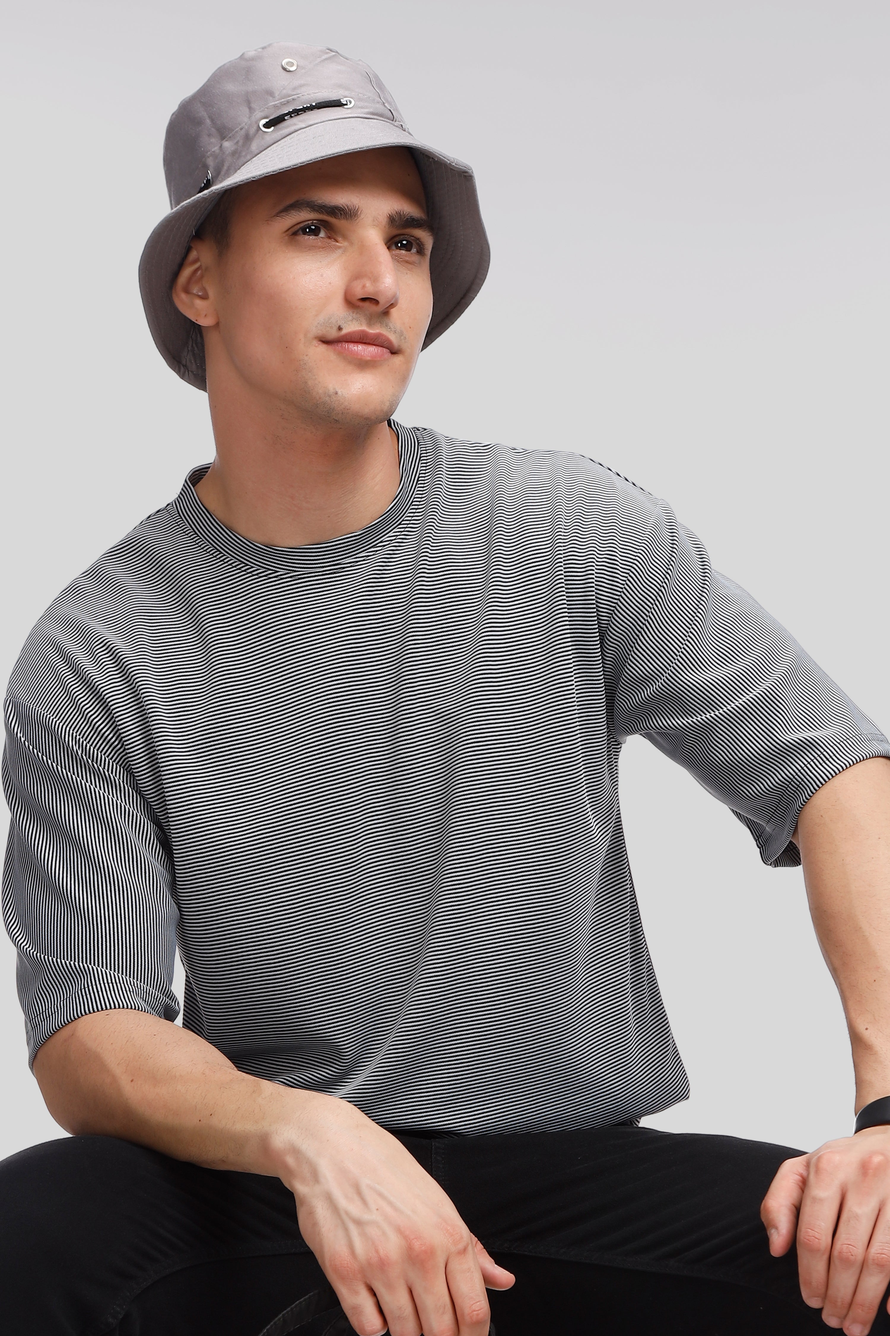 Grey Oversized Stripes Self Design T-Shirt