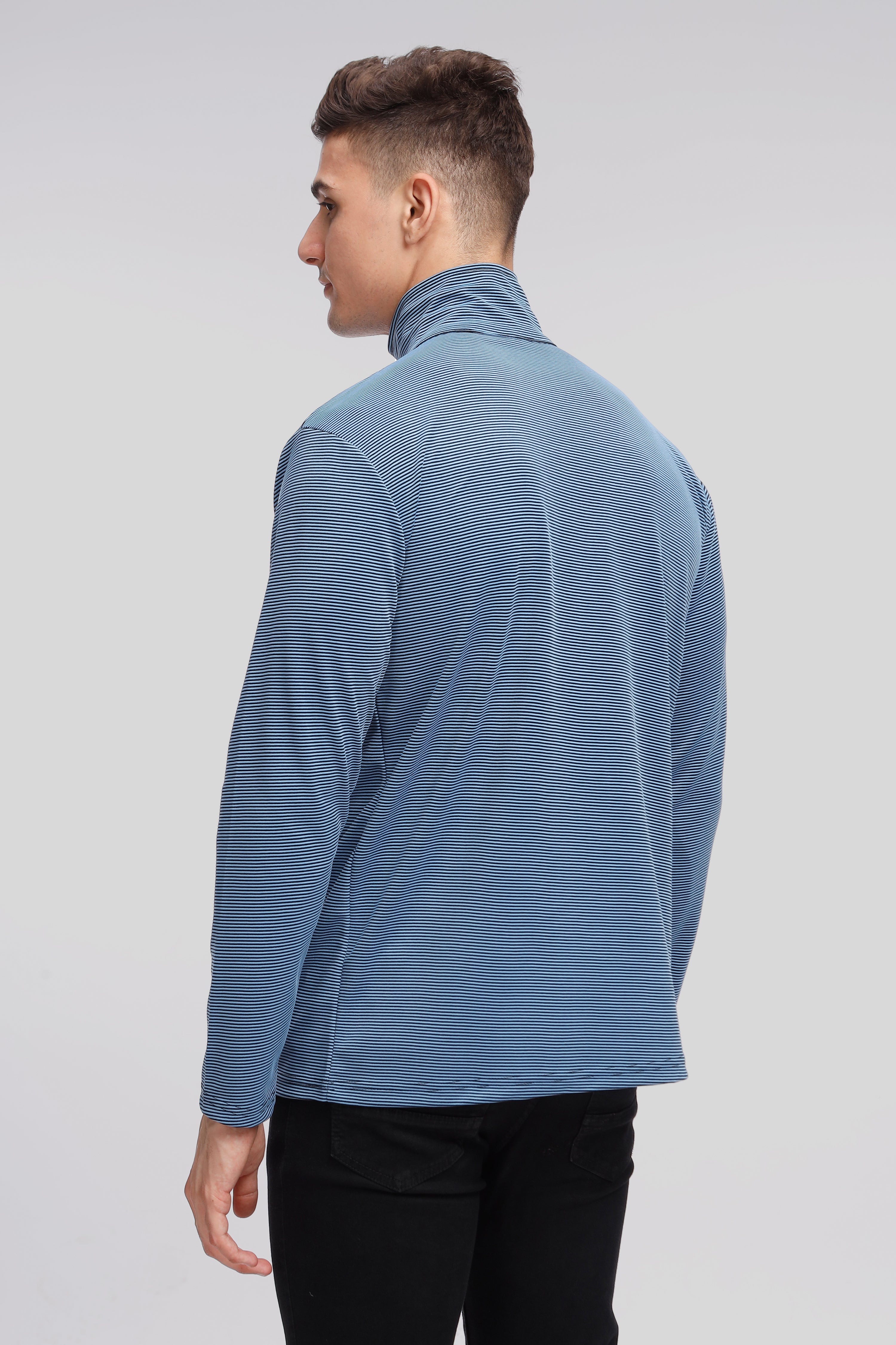 Blue Stripes Self Design Zipper T-Shirt
